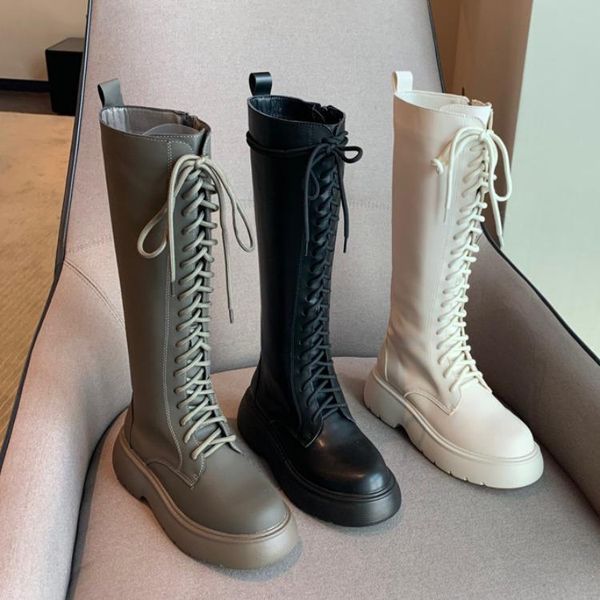 boots lace up women over knee shoes round toe winter footwear boots-women over-the-knee low rubber ladies 2021 lolita rock lace-, Black