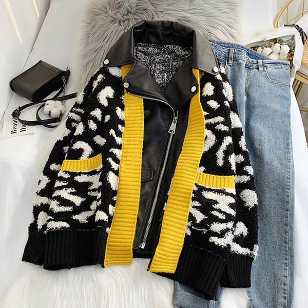women's jackets leopard sweater for women stitching leather loose oversize fake two piece coats winter jacket, Black;brown
women's jackets leopard sweater for women stitching leather loose oversize fake two piece coats winter jacket, Black;brown