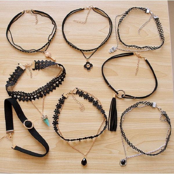 chokers gothic black lace choker women double layers velvet rope punk style golden rivets link chain pendant necklace party jewelry, Golden;silver
chokers gothic black lace choker women double layers velvet rope punk style golden rivets link chain pendant necklace party jewelry, Golden;silver