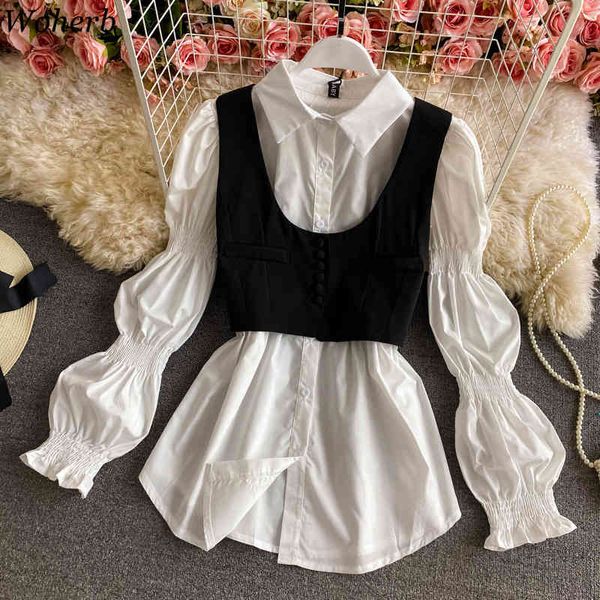 black vest + long puff sleeve white blouse women two peices set korean chic outfits spring summer casual suit femme 210422
black vest + long puff sleeve white blouse women two peices set korean chic outfits spring summer casual suit femme 210422