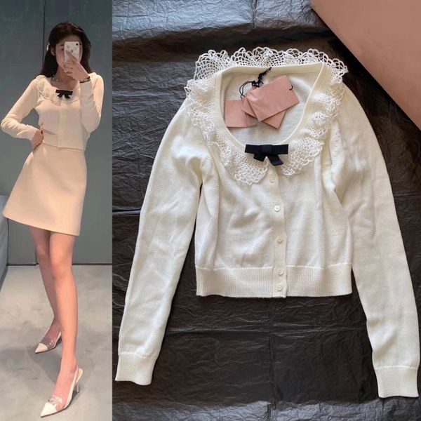 women's knits & tees sweet girls lace white sweater fashion bow o-neck slim long sleeve casual women cardigan short