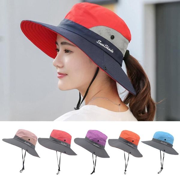 wide brim hats women's summer sun bucket uv protection safari hiking beach foldable mesh cap for fishing cyling, Blue;gray