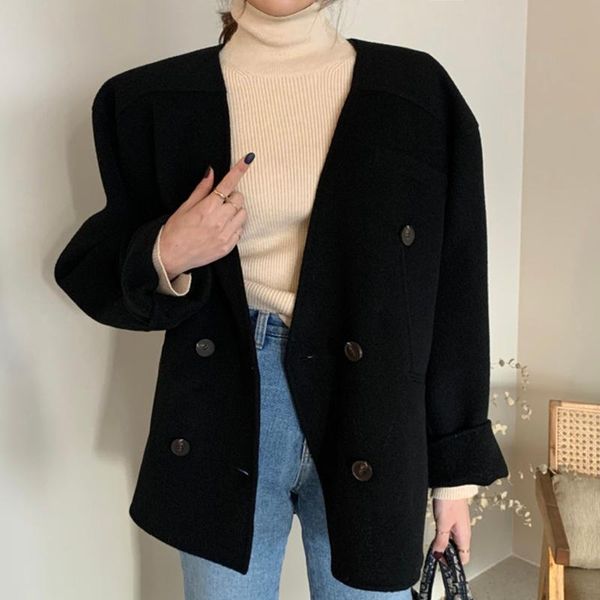 women's wool & blends women jacket 2021 winter korean elegant retro v-neck double-breasted loose solid color long-sleeved warm woolen c, Black
women's wool & blends women jacket 2021 winter korean elegant retro v-neck double-breasted loose solid color long-sleeved warm woolen c, Black