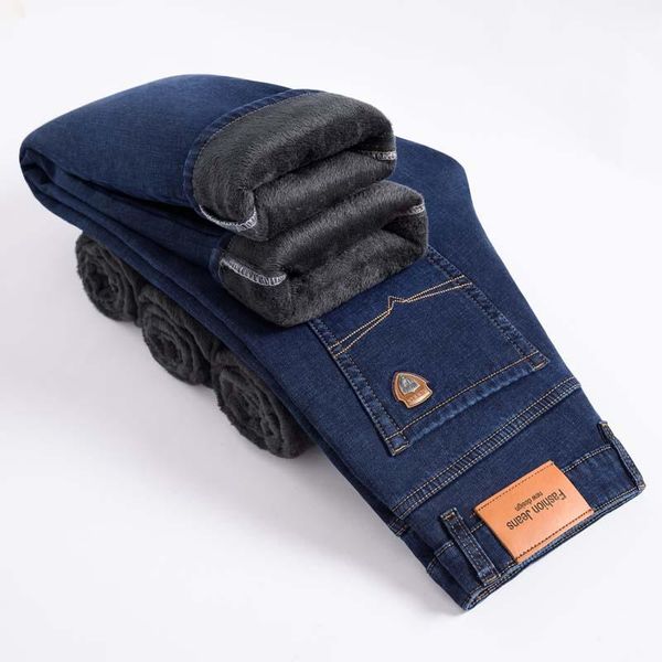men's jeans 2021 winter brand fit straight fleece thick warm classic badge youth business casual high waist denim men pant, Blue
men's jeans 2021 winter brand fit straight fleece thick warm classic badge youth business casual high waist denim men pant, Blue