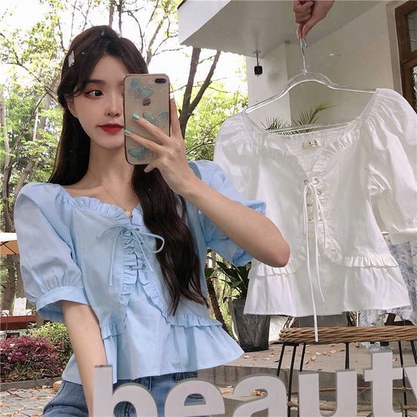 summer clothing retro v neck short sleeve blue bandage blouse women fungus slim blusas mujer sweet chic white shirts 210610
summer clothing retro v neck short sleeve blue bandage blouse women fungus slim blusas mujer sweet chic white shirts 210610