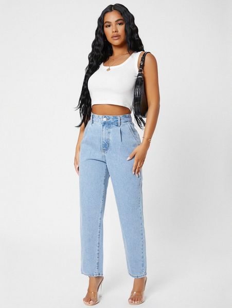 petite solid slant pocket mom jeans s7ov#, Blue