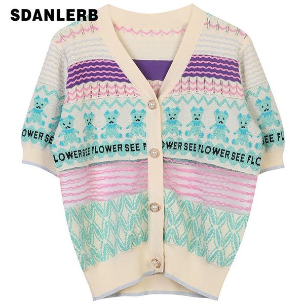 women's t-shirt 2021 summer cardigan v-neck short sleeve contrast color striped letters jacquard thin embroidery knitted top, White
women's t-shirt 2021 summer cardigan v-neck short sleeve contrast color striped letters jacquard thin embroidery knitted top, White