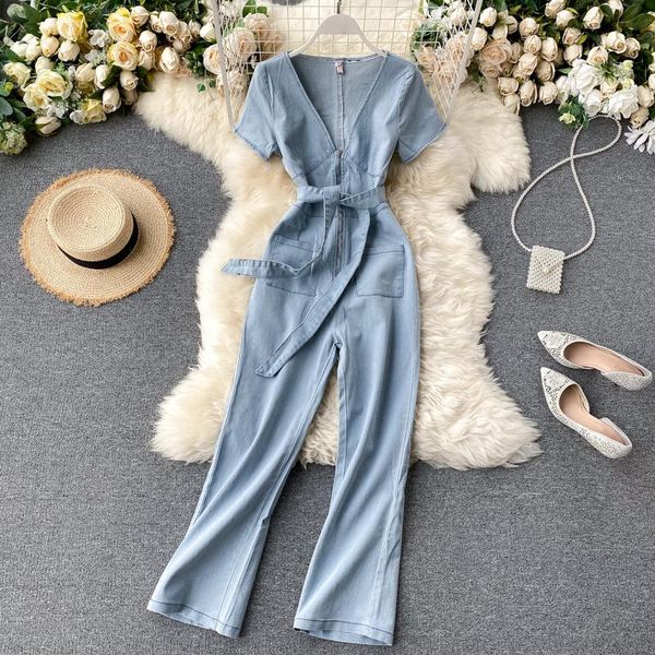 2021 summer korea fashion women casual v-neck pockets wide-leg denim jumpsuits overalls h717 women's & rompers, Black;white 
2021 summer korea fashion women casual v-neck pockets wide-leg denim jumpsuits overalls h717 women's & rompers, Black;white