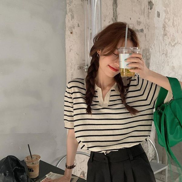 women's t-shirt 2021 fashion casual loose striped t-shirts round neck vintage basic tees woman short sleeve summer v-neck, White
women's t-shirt 2021 fashion casual loose striped t-shirts round neck vintage basic tees woman short sleeve summer v-neck, White