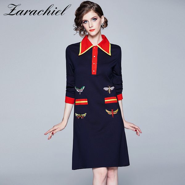 dresses fashion designer bees embroidery autumn runway contrast color striped women es lapel collar office lady a-line, Black;gray
dresses fashion designer bees embroidery autumn runway contrast color striped women es lapel collar office lady a-line, Black;gray