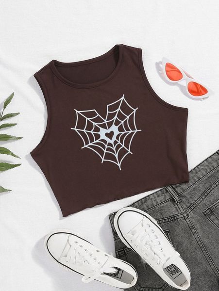 spider web & heart print tank 28ja#, White