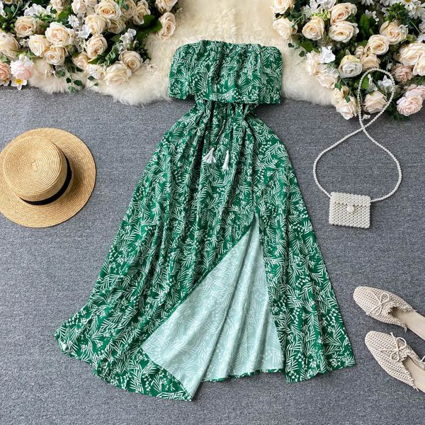 women summer print dress korean slash neck ruffle a line dress vacation beach split midi long dress french style 210419, Black;gray
women summer print dress korean slash neck ruffle a line dress vacation beach split midi long dress french style 210419, Black;gray
