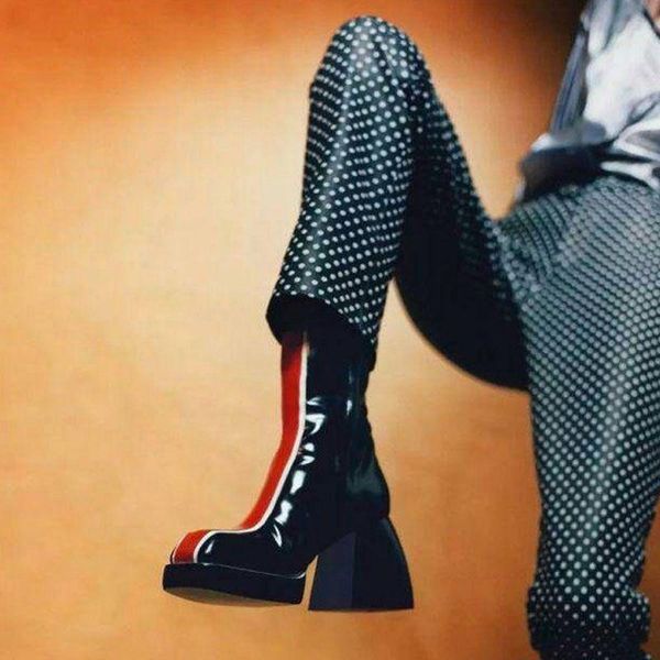 boots show square head platform thick short british heel color matching leather women's style bottom side zipper, Black
boots show square head platform thick short british heel color matching leather women's style bottom side zipper, Black