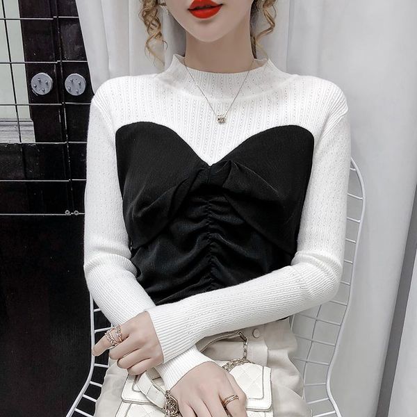women's sweaters 2021 autumn chiffon patchwork knitted pullover shirt woman long sleeve half-turtleneck korean elegant ladies, White;black
women's sweaters 2021 autumn chiffon patchwork knitted pullover shirt woman long sleeve half-turtleneck korean elegant ladies, White;black