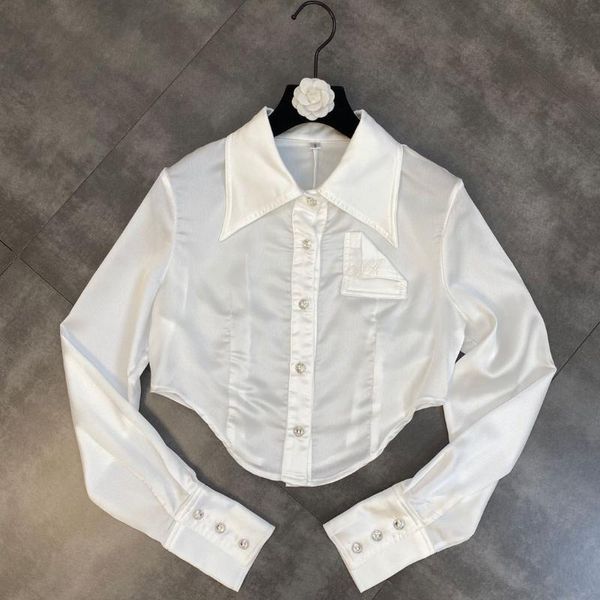 women's blouses & shirts zcsmll 2021 fall summer lapel long sleeve embroidered pocket diamond button acetate satin waist ins short wome, White
women's blouses & shirts zcsmll 2021 fall summer lapel long sleeve embroidered pocket diamond button acetate satin waist ins short wome, White