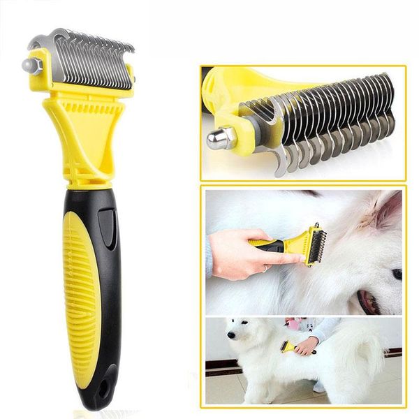 safe dog dematting comb pet hair brush double sided fur knot cutter grooming shedding tools for tangles removal
safe dog dematting comb pet hair brush double sided fur knot cutter grooming shedding tools for tangles removal