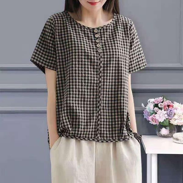 women's t-shirt plaid shirt cotton short sleeve female 2021 summer round neck loose casual art, White
women's t-shirt plaid shirt cotton short sleeve female 2021 summer round neck loose casual art, White