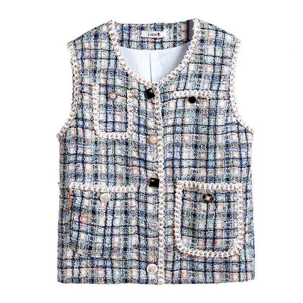 women blue tweed plaid o neck sleeveless vest jacket loose button pocket c0233 210514, Black;white
women blue tweed plaid o neck sleeveless vest jacket loose button pocket c0233 210514, Black;white