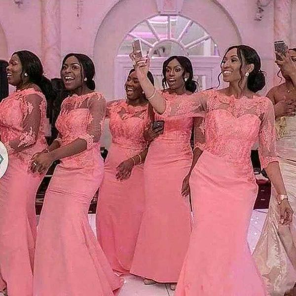 pink bridesmaid dresses 2022 jewel neck plus size mermaid african floor length 1/2 sleeves custom made lace applique maid of honor gown, White;pink
pink bridesmaid dresses 2022 jewel neck plus size mermaid african floor length 1/2 sleeves custom made lace applique maid of honor gown, White;pink