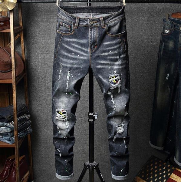 original design jeans men's pants pantalon homme european and american style paint spray hole patch micro-elastic straight, Blue
original design jeans men's pants pantalon homme european and american style paint spray hole patch micro-elastic straight, Blue