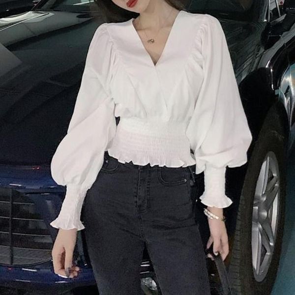 women's blouses & shirts summer fashion casual short blouse women girl spring v neck lantern sleeve soild color relax elastic waist sh, White
women's blouses & shirts summer fashion casual short blouse women girl spring v neck lantern sleeve soild color relax elastic waist sh, White