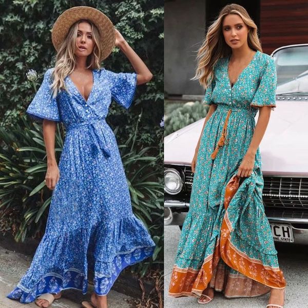retro maxi dress women summer short sleeve v neck high waist dress floral print boho beach long dress, Black;gray
retro maxi dress women summer short sleeve v neck high waist dress floral print boho beach long dress, Black;gray