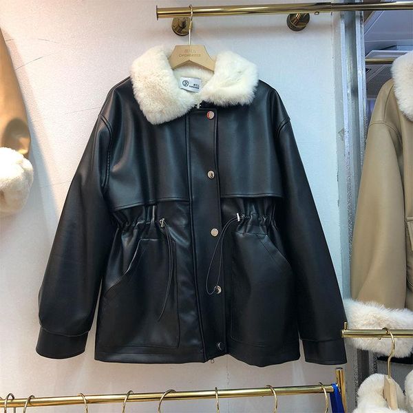 women's leather & faux artificial jacket women winter korean style drawstring waist fur collar thick loose coat veste cuir femme parkas, Black
women's leather & faux artificial jacket women winter korean style drawstring waist fur collar thick loose coat veste cuir femme parkas, Black