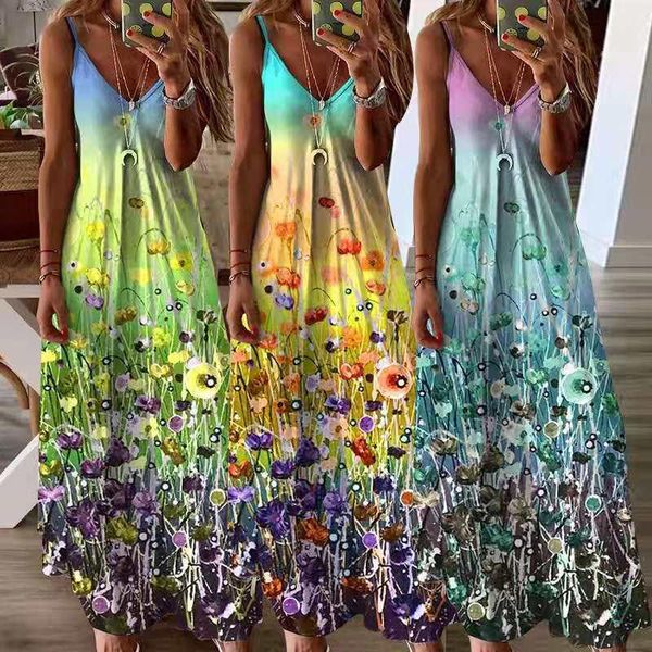 casual dresses 2021 women's positioning gradient printing long v-neck strap and ankle dress, Black;gray 
casual dresses 2021 women's positioning gradient printing long v-neck strap and ankle dress, Black;gray