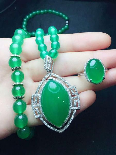 bracelet, earrings & necklace 925 silver inlaid natural chalcedony set, Black