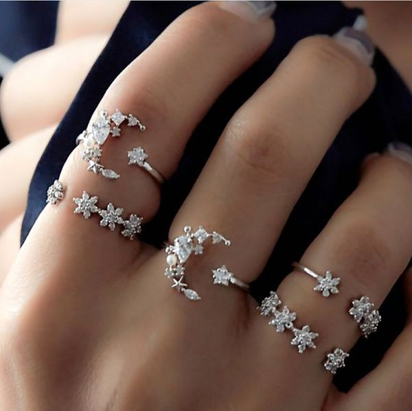 five piece diamond ring set female star moon crystal joint ring, Silver
five piece diamond ring set female star moon crystal joint ring, Silver