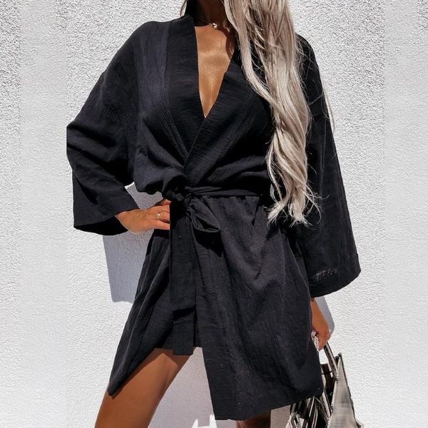 women's swimwear jodimitty women summer solid color loose long-sleeved wide shirt dress ladies v-neck lace-up, White;black 
women's swimwear jodimitty women summer solid color loose long-sleeved wide shirt dress ladies v-neck lace-up, White;black