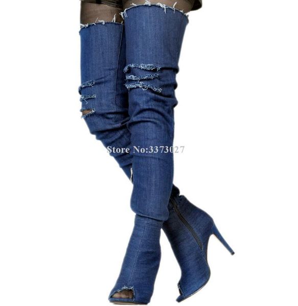boots blue denim thigh high women fashion broken hole stiletto heel peep toe over the knee long jean, Black
boots blue denim thigh high women fashion broken hole stiletto heel peep toe over the knee long jean, Black