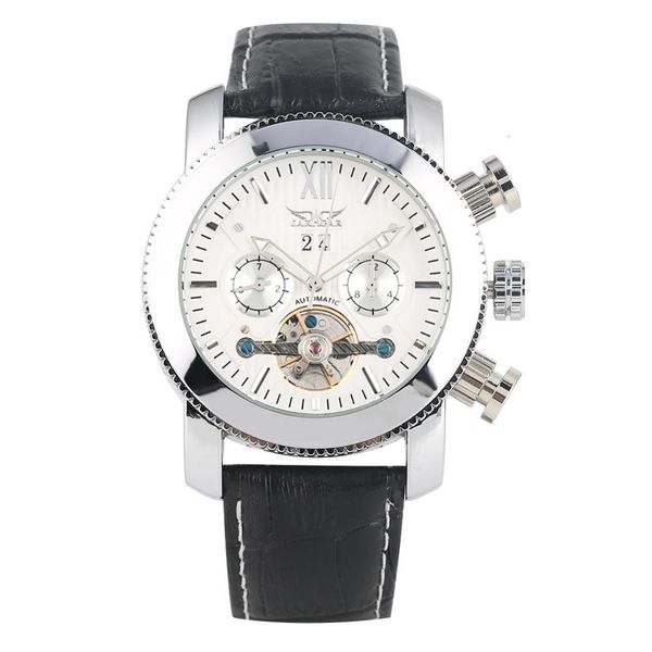 men luxury automatic-self-winding mechanical watch dual time rvs skeleton lighting hands leather tape, Slivery;brown
men luxury automatic-self-winding mechanical watch dual time rvs skeleton lighting hands leather tape, Slivery;brown