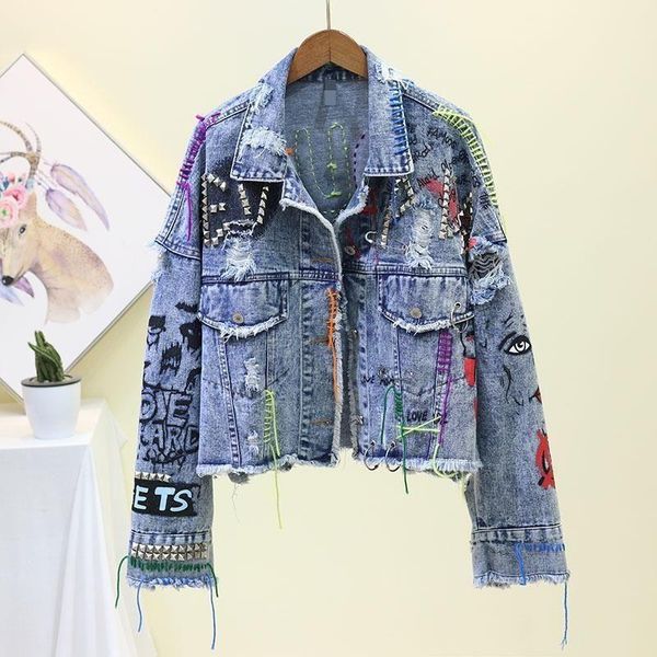 women's jackets tide brand graffiti denim short jacket female personality edge cut heavy rivet color tassel clip women coat, Black;brown
women's jackets tide brand graffiti denim short jacket female personality edge cut heavy rivet color tassel clip women coat, Black;brown
