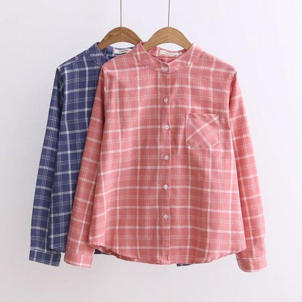 women's blouses & shirts long sleeve stand collar plaid shirt versatile base mori, White
women's blouses & shirts long sleeve stand collar plaid shirt versatile base mori, White