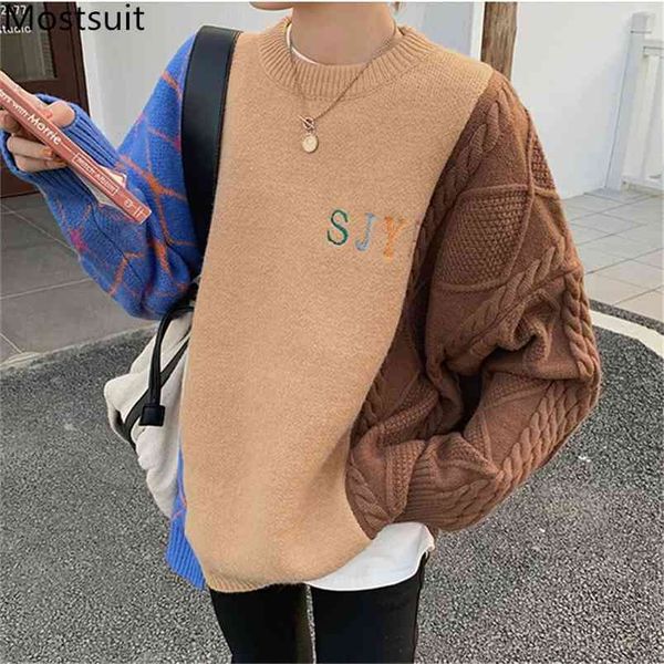 color-blocked thick pullover sweater women long sleeve o-neck loose fashion vintage female jumpers mujer 210513, Black
color-blocked thick pullover sweater women long sleeve o-neck loose fashion vintage female jumpers mujer 210513, Black