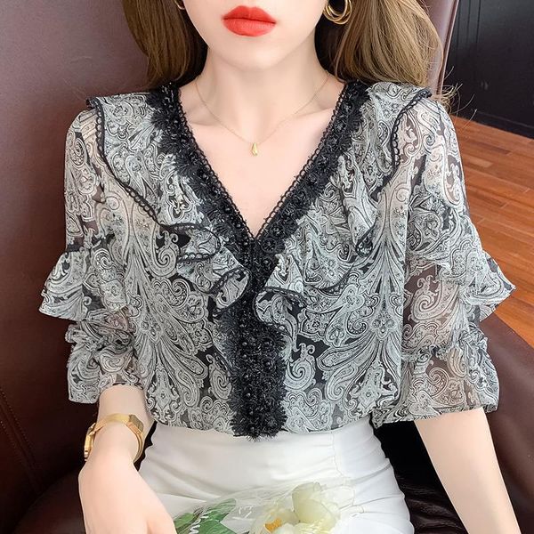 women's blouses & shirts 2021 summer retro floral v-neck blouse ruffled short-sleeved chiffon shirt, White
women's blouses & shirts 2021 summer retro floral v-neck blouse ruffled short-sleeved chiffon shirt, White
