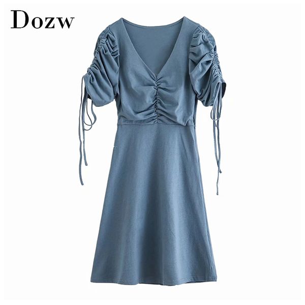 women elegant solid a line dress v neck bow tie casual dress puff sleeve holiday beach mini cotton dress summer vestido 210414, Black;gray
women elegant solid a line dress v neck bow tie casual dress puff sleeve holiday beach mini cotton dress summer vestido 210414, Black;gray