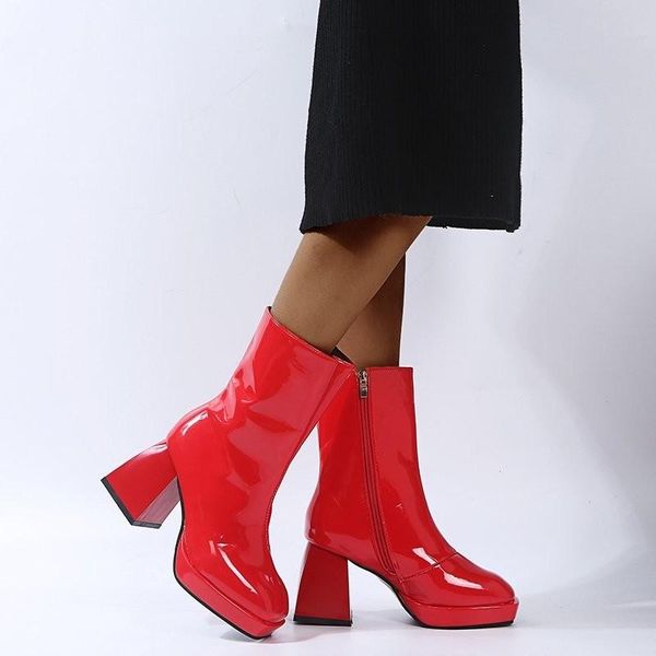 boots 2021 fashion pu leather ladies side zipper square heel high heels round toe, Black 
boots 2021 fashion pu leather ladies side zipper square heel high heels round toe, Black