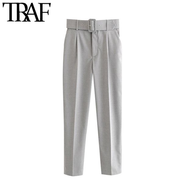 women chic fashion office wear with belt pants vintage high waist pockets female ankle trousers pantalones mujer 210507, Black;white
women chic fashion office wear with belt pants vintage high waist pockets female ankle trousers pantalones mujer 210507, Black;white