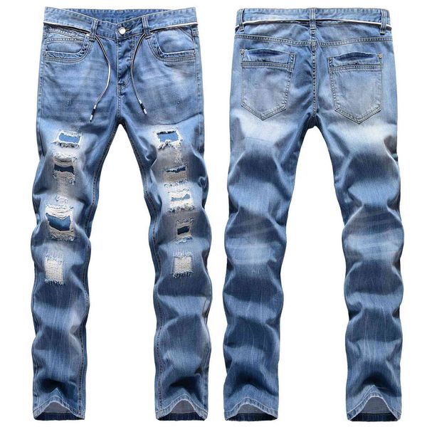 jeans street fashion hanging rope cut hole exposed cotton yarn bottom with denim frame embroidery small straight men, Blue
jeans street fashion hanging rope cut hole exposed cotton yarn bottom with denim frame embroidery small straight men, Blue
