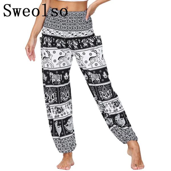 women's leggings sweolso women summer harem pants loose vintage elephant print beach party wear boho wide leg high waist casual trouser, Black 
women's leggings sweolso women summer harem pants loose vintage elephant print beach party wear boho wide leg high waist casual trouser, Black