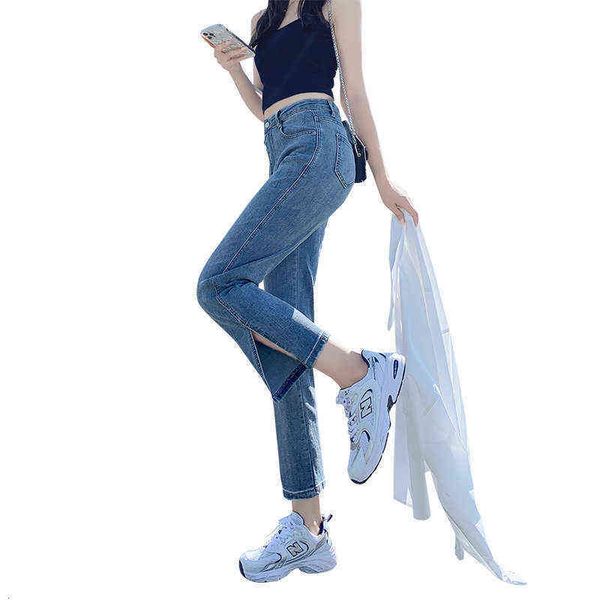 elastic high waist split straight jeans for women's loose and slim pipe in spring summer of 2021, Blue
elastic high waist split straight jeans for women's loose and slim pipe in spring summer of 2021, Blue