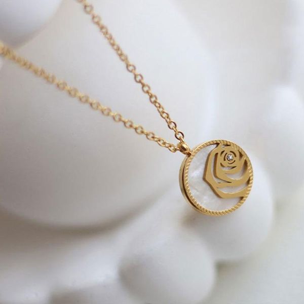 camellia elegant rose flower shell white stainless steel necklaces for women round pendant clavicle gold chain designer jewelery, Silver
camellia elegant rose flower shell white stainless steel necklaces for women round pendant clavicle gold chain designer jewelery, Silver