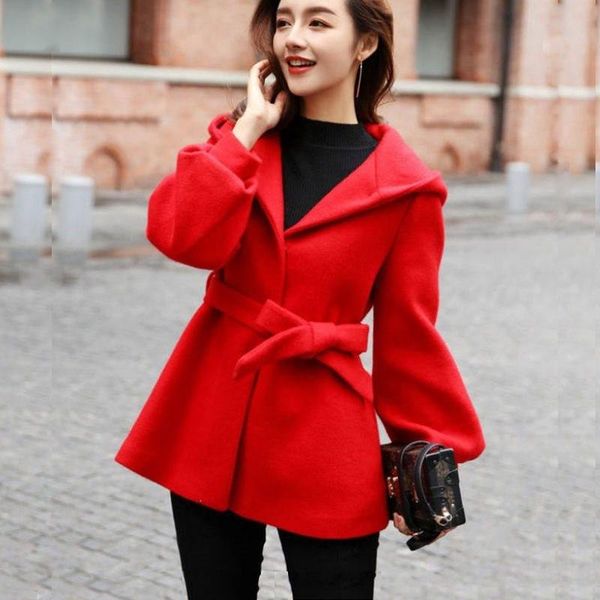women's wool & blends women woolen coat autumn winter korean version short hooded jacket long sleeve loose fashion red lace up outwear, Black
women's wool & blends women woolen coat autumn winter korean version short hooded jacket long sleeve loose fashion red lace up outwear, Black