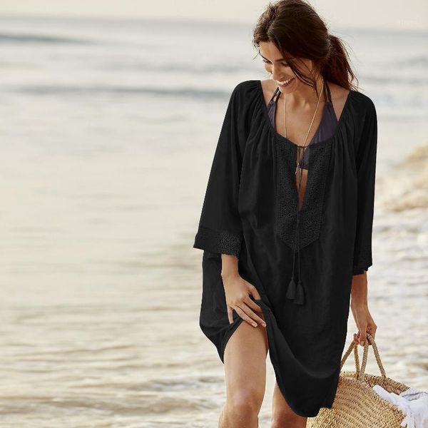 women's swimwear cotton solid color v-neck lace large size loose bikini swimsuit blouse beach sunscreen women vacation cover up, White;black
women's swimwear cotton solid color v-neck lace large size loose bikini swimsuit blouse beach sunscreen women vacation cover up, White;black