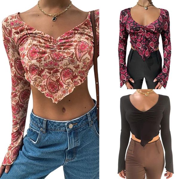 women's t-shirt 2021 long sleeve crop deep v neck hanky hem ruched slim fit blouse, White
women's t-shirt 2021 long sleeve crop deep v neck hanky hem ruched slim fit blouse, White