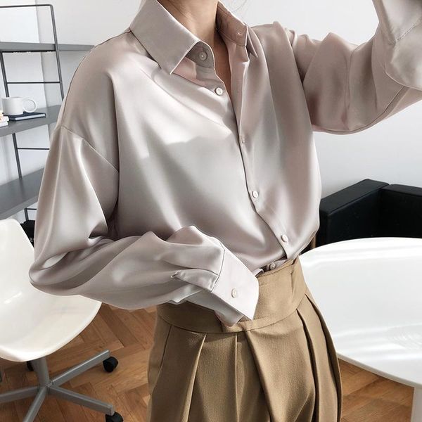 arrival autumn women satin oversize blouse elegance solid shirt office lady button up long sleeve korean style t09305z women's blouses, White 
arrival autumn women satin oversize blouse elegance solid shirt office lady button up long sleeve korean style t09305z women's blouses, White