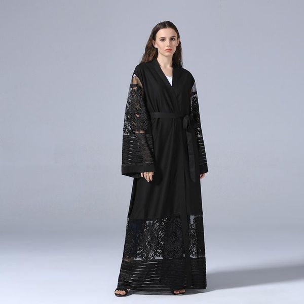 casual dresses 2021 women black long islam muslim dress autumn winter sleeve v-neck loose embroidery clothing islamic abaya belt, Black;gray