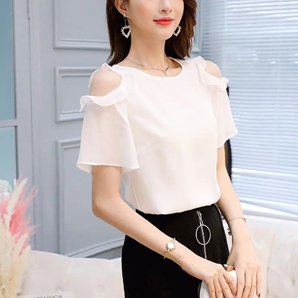 women o neck solid ruffled short sleeve cold shoulder chiffon blouse summer office lady women's blouses & shirts, White
women o neck solid ruffled short sleeve cold shoulder chiffon blouse summer office lady women's blouses & shirts, White